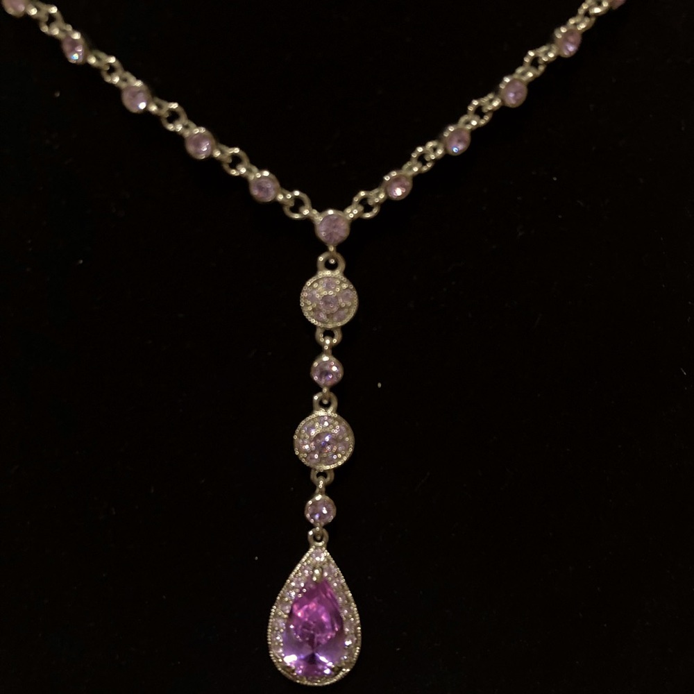 Purple stone drop necklace on silver chain